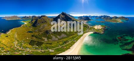 Panorama Beach Lofoten islands is an archipelago in the county of Nordland, Norway. Is known for a distinctive scenery with dramatic mountains and pea Stock Photo