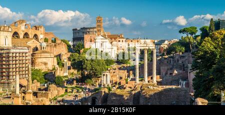 Roman Forum in summer, Rome, Italy. It is one of the top tourist attractions in Rome. Scenic view of remains of Rome ancient city. Panorama of Roman F Stock Photo