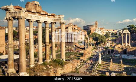 Panoramic view of the Roman Forum in Rome, Italy. Roman Forum is one of the main tourist attractions in Europe. Scenic ruins of the Roman Forum in sum Stock Photo