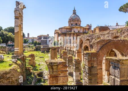 Forum of Julius Caesar in summer, Rome, Italy. It is one of the main tourist attractions in Rome. Scenic view of Ancient Roman ruins in the Rome city Stock Photo