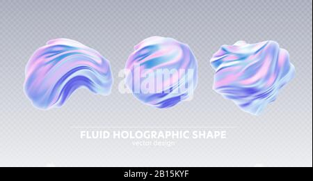 Set of Trendy realistic pattern with holographic 3d shape on blue background for banner design. Fluid shape background. Rainbow background. Fluid Stock Vector