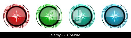 Compass round glossy vector icons, set of buttons for webdesign, internet and mobile phone applications in four colors options isolated on white backg Stock Vector