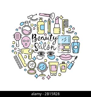 Vector cosmetics and beauty icons in trendy linear style - set of signs related to women Stock Vector