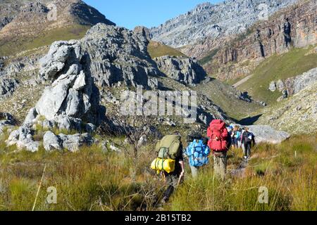 Hikers on the Kromrivier trail in the Du Toitskloof mountains Stock Photo