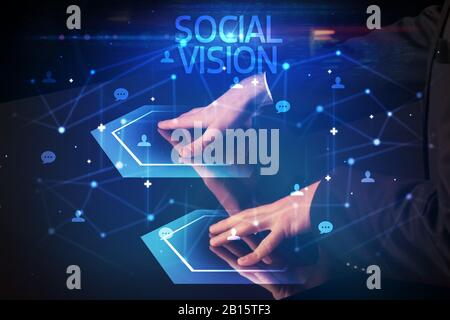 Navigating social networking with SOCIAL VISION inscription, new media concept Stock Photo