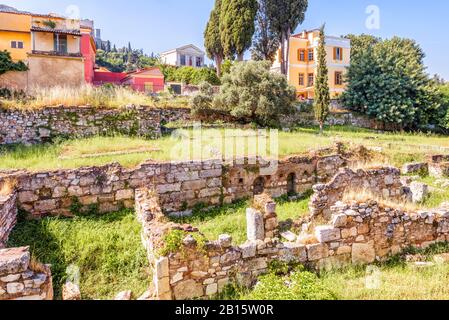 Ruins of the ancient Greek Agora, Athens, Greece. It is one of the main landmarks of Athens. Scenic view of the Agora of Athens in summer. Beautiful c Stock Photo