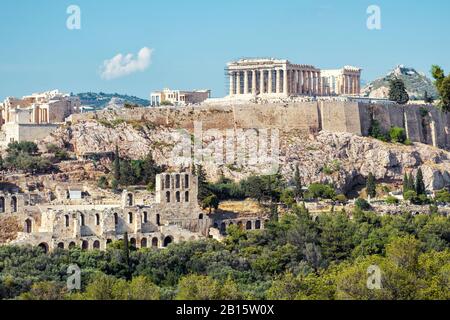 Scenic view of the Acropolis of Athens, Greece. The ancient Greek Parthenon on Acropolis hill is the main landmark of Athens. Panorama of the famous r Stock Photo