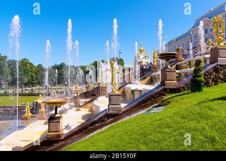 ST PETERSBURG, RUSSIA - JUNE 15, 2014: Grand Cascade in Peterhof Palace (Petrodvorets). The Peterhof Palace included in the UNESCO's World Heritage Li Stock Photo