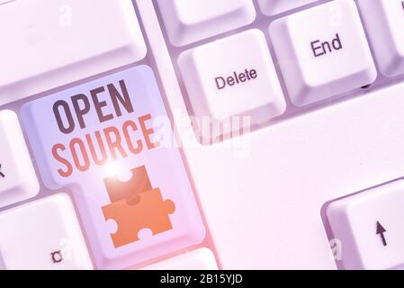 Writing note showing Open Source. Business concept for denoting software which original source code is made free Stock Photo