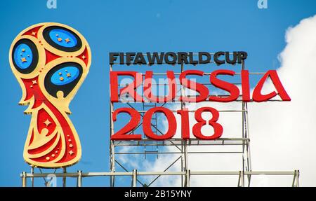 MOSCOW, RUSSIA - June 10, 2017 The logo of world Cup RUSSIA 2018 on the roof of a tall building in Moscow. Stock Photo