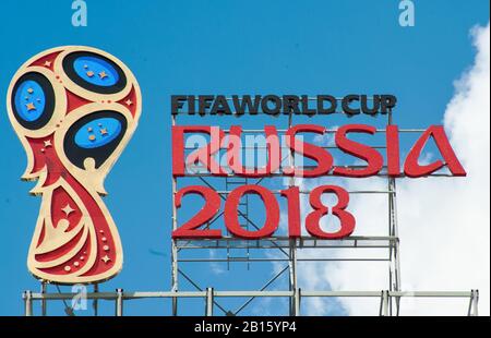 MOSCOW, RUSSIA - June 10, 2017 The logo of world Cup RUSSIA 2018 on the roof of a tall building in Moscow. Stock Photo