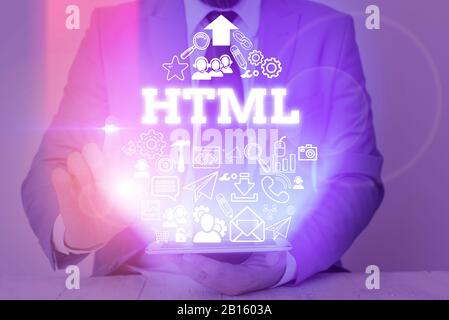 Writing note showing Html. Business concept for the lingua franca for publishing hypertext on the World Wide Web Stock Photo