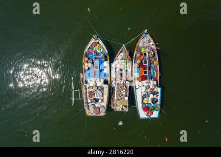 Aerial view of fishing boats and fish market in the south of Sri Lanka