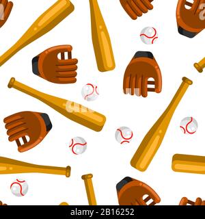 Seamless pattern with baseball gloves, balls and bats in flat style. Stock Vector