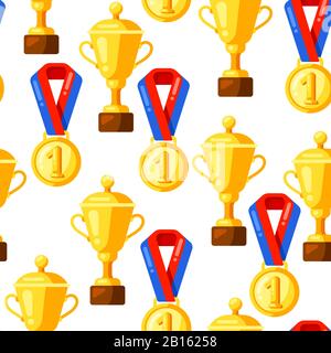Seamless pattern with gold cups and medals in flat style. Stock Vector