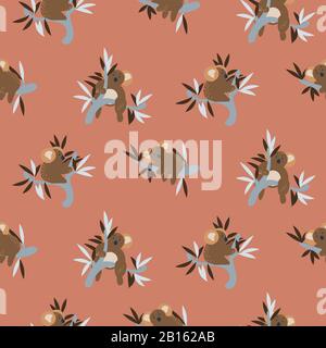 Cute koala bears on eucalyptus tree seamless vector pattern. Stock Vector