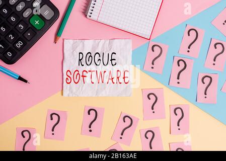 Handwriting text writing Rogue Software. Conceptual photo type of malware that poses as antimalware software Mathematics stuff and writing equipment a Stock Photo