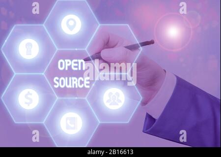 Writing note showing Open Source. Business concept for denoting software which original source code is made free Stock Photo