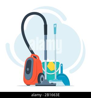 Tools for cleaning and housework. Vacuum cleaner, floor sweeping brush, dustpan, bucket of water and soap suds. Cute flat style vector illustration Stock Vector