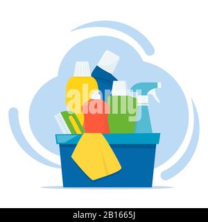 Bottles of detergents and cleaning products in a box, rag and cleaning brush. Cleaning services concept. Vector illustration, flat style Stock Vector