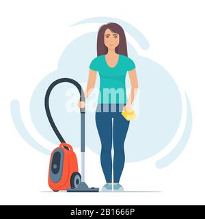 Cute woman character stands with vacuum cleaner and rag. Cleaning concept vector illustration. Woman cleans the house. Cleaning service. Spring cleani Stock Vector