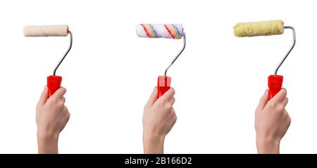 Set of paint roller for walls with red pen isolated on white background Stock Photo