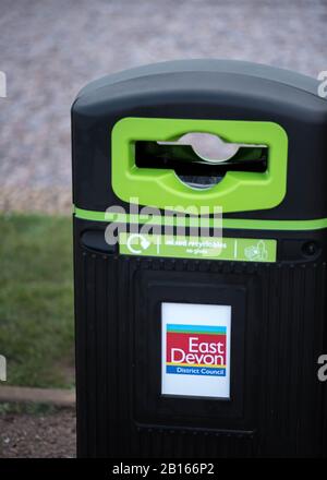 Mixed recyclables litter bin provided by East Devon Council placed next to the Car Park at Budleigh Salterton Beach in AONB Stock Photo