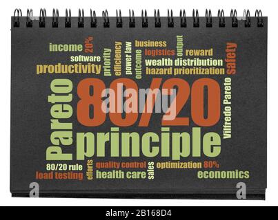 Pareto principle or eighty-twenty rule concept  word cloud in an isolated black paper sketchbook, priority, productivity and resource allocation conce Stock Photo