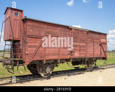 Train carriage in Auschwitz II Concentration Camp Stock Photo