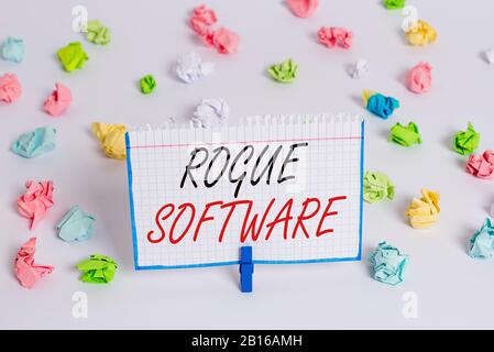 Word writing text Rogue Software. Business photo showcasing type of malware that poses as antimalware software Colored crumpled papers empty reminder Stock Photo