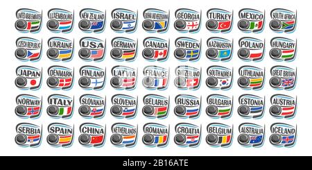 Vector set of Ice Hockey Icons with illustration of national flags, hockey puck and stick, collection of 45 sport sings for european and american ice Stock Vector