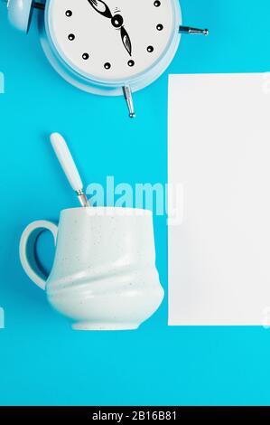 above, alarm, background, beverage, blank book, blue background, break, business, business people, cafe, checklist, clock, coffee, concept, creative, Stock Photo