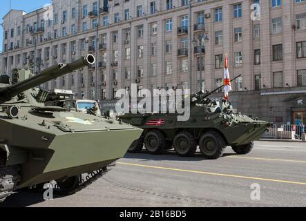 MOSCOW, RUSSIA - May 07, 2017 Armoured personnel carrier BTR-82A during the rehearsal of the military parade for victory day on Tverskaya street in Mo Stock Photo