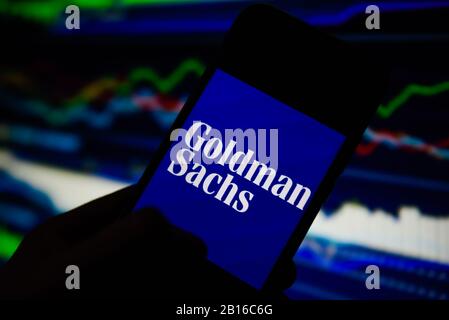 In this photo illustration a Goldman Sachs logo seen displayed on a smartphone. Stock Photo
