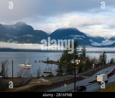 The view across Howe Sound from Britannia Beach, British Columbia, Canada Stock Photo