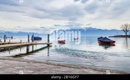Lake Leman on cloudy day. City of Lausanne, Switzerland Stock Photo