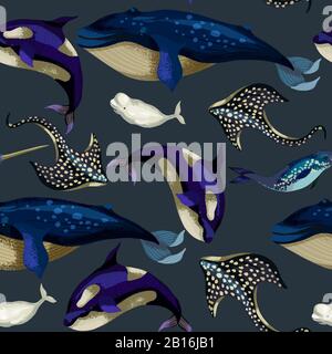 Seamless pattern with whale, devilfish, orca and octopus. Vector. Stock Vector