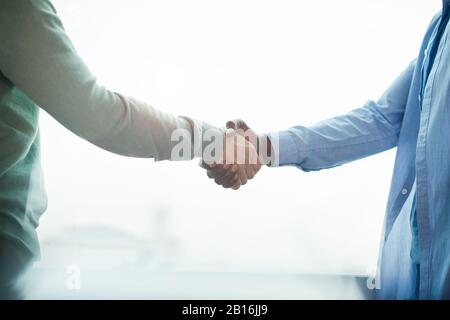 Side view close up of African businessman shaking hands with partner while standing against window, copy space Stock Photo