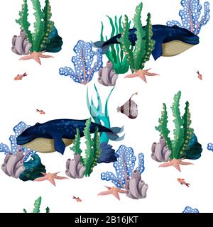 Seamless pattern with whale in the undersea landscape. Vector. Stock Vector