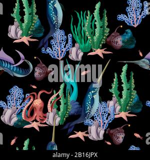Seamless pattern with whale in the undersea landscape. Vector. Stock Vector