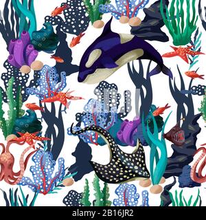 Seamless pattern with whale in the undersea landscape. Vector. Stock Vector