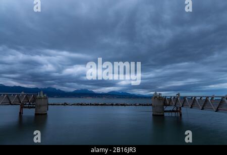 Lake Leman and on the background hills in France. Long exposure photography. City of Lausanne, canton Vaud, Switzerland Stock Photo