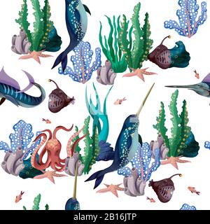 Seamless pattern with whale in the undersea landscape. Vector. Stock Vector