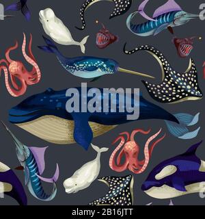 Seamless pattern with whale, devilfish, orca and octopus. Vector. Stock Vector