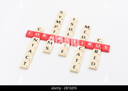 Letter tiles as metaphor for medical response to 2020 Coronavirus pandemic COVID-19 which WHO may classify a pandemic. Symptoms, medication, etc Stock Photo