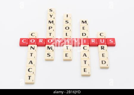 Letter tiles as metaphor for medical response to 2020 Coronavirus pandemic COVID-19 which WHO may classify a pandemic. Symptoms, medication, etc Stock Photo