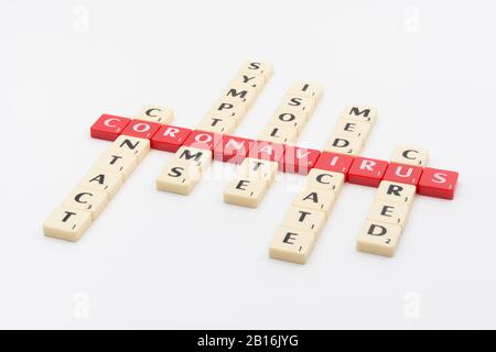 Letter tiles as metaphor for medical response to 2020 Coronavirus pandemic, CV19, COVID-19 which WHO classified a pandemic. Symptoms, medication, etc Stock Photo