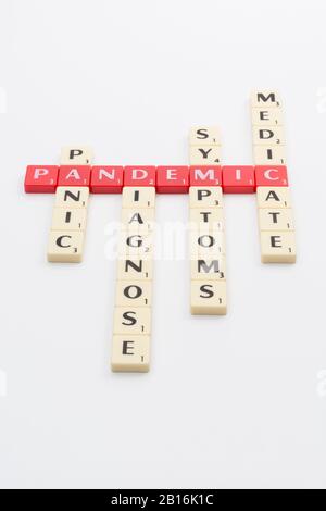 Letter tiles for medical response to 2020 cases in CV19, Coronavirus Pandemic COVID-19 which WHO classified as a pandemic. Symptoms, medication, etc Stock Photo