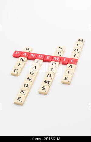 Letter tiles for medical response to 2020 cases in Coronavirus Pandemic COVID-19 which WHO may classify as a pandemic. Symptoms, medication, etc. Stock Photo