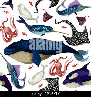 Seamless pattern with whale, devilfish, orca and octopus. Vector. Stock Vector